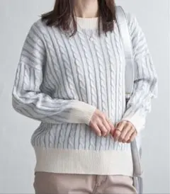 ikka★未使用品★美品★ケーブルニットプルオーバー★M★スカイブルー
