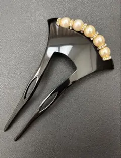 黒いかんざし パールストーン　バチ型　和装小物