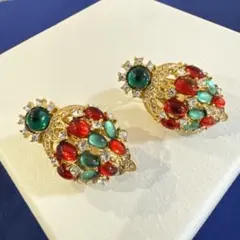 ヴィンテージ アクセサリー　イヤリング　ゴールド　カラーストーン　レトロ