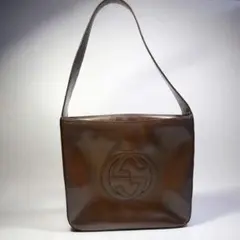 極美品　GUCCI ハンドバッグ エナメル インターロッキング G ブラウン茶色