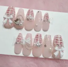 ネイル チップ ツイード ピンク 量産型 フレンチガーリー 地雷 ワンホン 現品