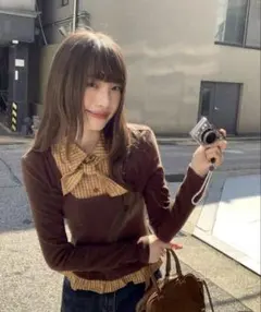 【SHEIN 】ブラウンリボン付きニットシャツ