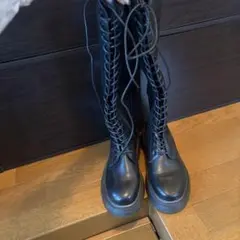 ブラック 厚底 レースアップ ロングブーツ