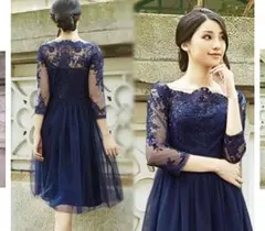 ネイビー レース装飾 パーティードレス