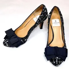 ランバンオンブルー ツイードパンプス リボン ネイビー