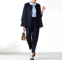 ネービー　M ノーカラー パンツスーツ　 上下セット　フォーマル　入学式　卒業式