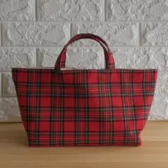 タータンチェック柄【赤】横長トートバッグ　✻ハンドメイド✻