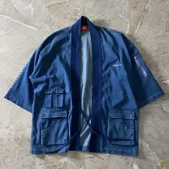 和柄 デニム羽織り ガウン 波プリント ビッグシルエット 和ストリート 個性派