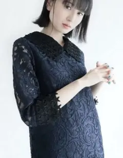 GRACE CONTINENTAL ネイビー レース ワンピーススター刺繍カラー