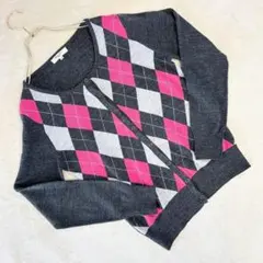 ナチュラルビューティーベーシック アーガイル柄カーディガン 毛混 長袖 ニット