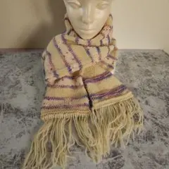 ハンドメイド秋冬用ニットマフラー クリーム色 紫ストライプネップ付き