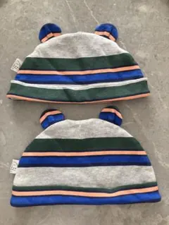 BREEZE ストライプ耳付きベビー帽子 44・46サイズ　双子用