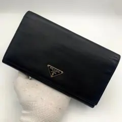 鑑定済み プラダ 長財布 二つ折り サフィアーノ レザー 革 三角プレート 黒