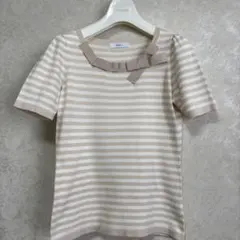 ラピーヌ　MISSJ 白×ベージュ コットン85%混半袖ニットセーター38のサムネイル