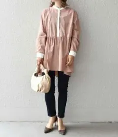 SHIPS ブロード ペプラムブラウス ピンク ストライプ バンドカラー