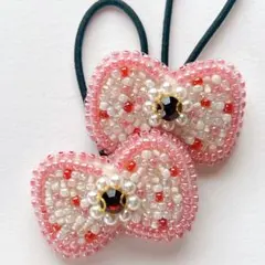 [ハンドメイド]キラキラビジューのりぼんヘアゴム 2つセット くすみレッド