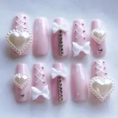 O53【オーダー】量産型 ピンク リボン ネイルチップ ジェルネイル 付け爪