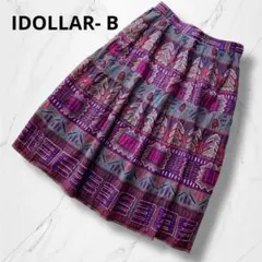 【IDOLLAR- B】麻リネン混幾何学模様エスニック柄ロングフレアスカート 紫