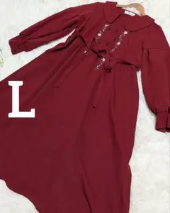 海外ブランド L ワインレッド バーガンディ刺繍長袖ロングワンピース レトロ