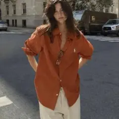 極美品】ポロラルフローレン定番カラーブラウンリネンシャツオーバーサイズポニー