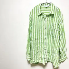 7-78 【XXL】OLD NAVY ボーイフレンドシャツ 緑と白ストライプ