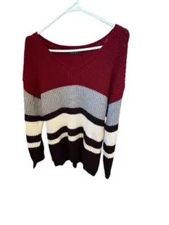 INGNI イング マルチボーダー Vネックニット Mサイズ ボルドー系