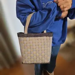 【お手頃】編み込みデザイン トートバッグ グレー/ベージュ