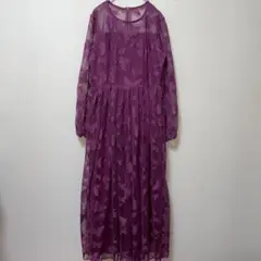 シーイン　蝶模様　レース　長袖　ロングワンピース　透け感　パープル　36 S