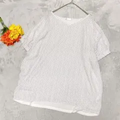 【DRESKIP/ドレスキップ】ストライプ ブラウス M 異素材 盛り袖