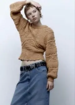 新品タグ付　ZARA クロップド　鍵編み　オープンニットセーター