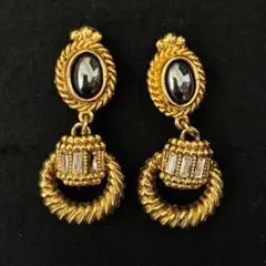 ゴールド フープイヤリング ブラックストーン　アンティーク