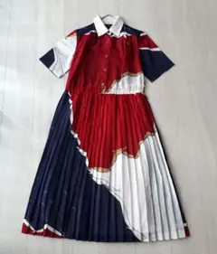 ヴィンテージ古着 レトロ柄 配色 プリーツ切り替え ワンピース