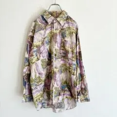 A420 アート柄　ヴィンテージライク　総柄　シャツ　メンズ　古着　コットン