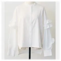 スタンドカラーラッフルフリルスリーブブラウス/ホワイト　frene