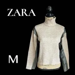 【ZARA】ウール混タートルネック切替えリブニット　ベージュ　グリーン　M