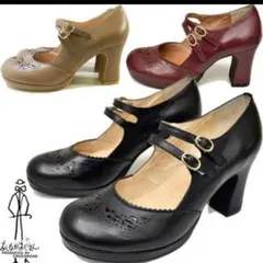 ダブルストラップデザイン　本革　レザー　厚底　パンプス　黒　ブラック　ハイヒール