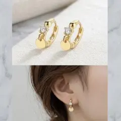 フープピアス ゴールド　小ぶり 上品　ワンストーン　プレートチャーム　学校行事