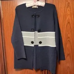 ネイビー グレー ストライプ ニットカーディガン