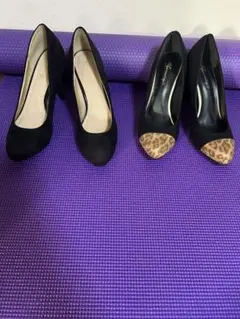 【新品未使用】黒 スエード風パンプス レオパードトゥキャップ