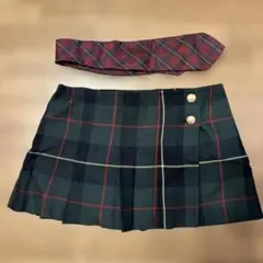 グリーン　緑　チェック柄プリーツスカート M ネクタイ付き【2点セット】