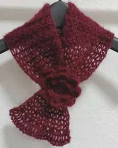 お花モチーフニットマフラー ミニマフラー ネックウォーマー 手編み モヘア薄手