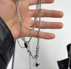 シルバー 多層 チェーン ネックレス ブラック ストーン ビジュー 2連