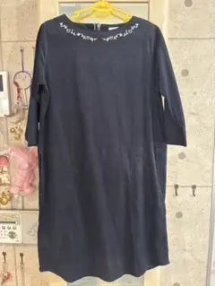 ネイビー 七分袖 膝丈ワンピース