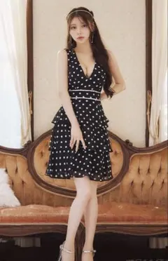 【4月19日までセール】Sugar キャバドレス 水玉模様のVネックフリルドレス