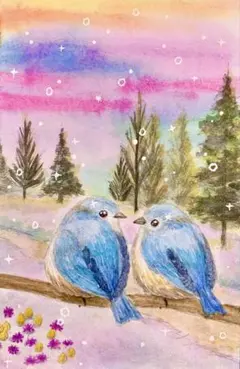 ♡たまみな♡様専用水彩画　冬の青い小鳥　値段は※900円です