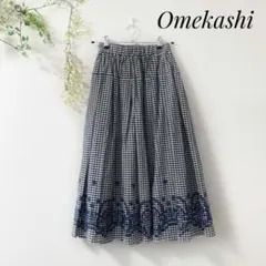 Omekashi オメカシ フレアスカート ギンガムチェック 花柄刺繍 綿100