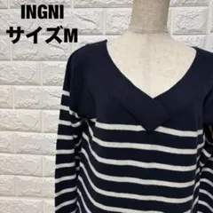 INGNI イング 長袖ボーダーVネックセーター ネイビー×白 M【3045】
