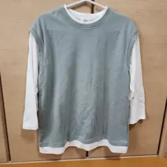 グレー コットン レイヤード長袖トップス　重ね着風　M