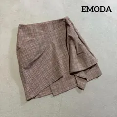 ㊺エモダ美品チェック柄ミニスカートドレープ巻きベージュキレイめペチコート付きＳのサムネイル