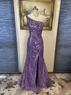 紫色 スパンコール 片肩ドレス